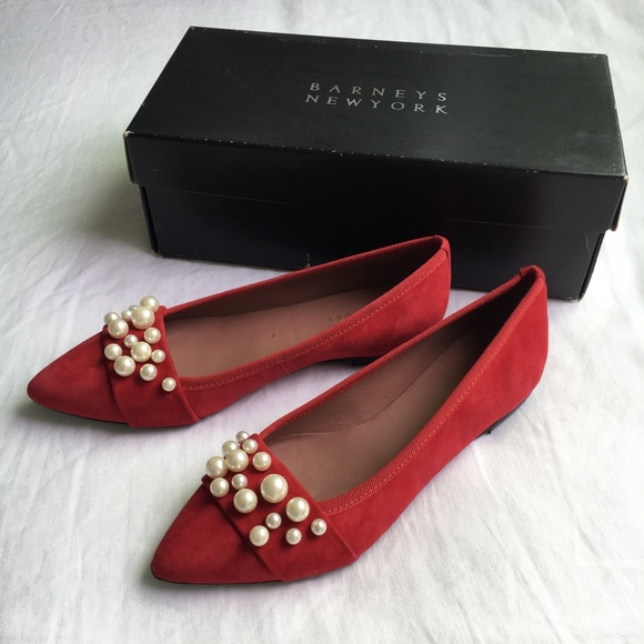 Barneys New York Shoes - Barney’s Red Suede Flats with Pearls *Brand New*
